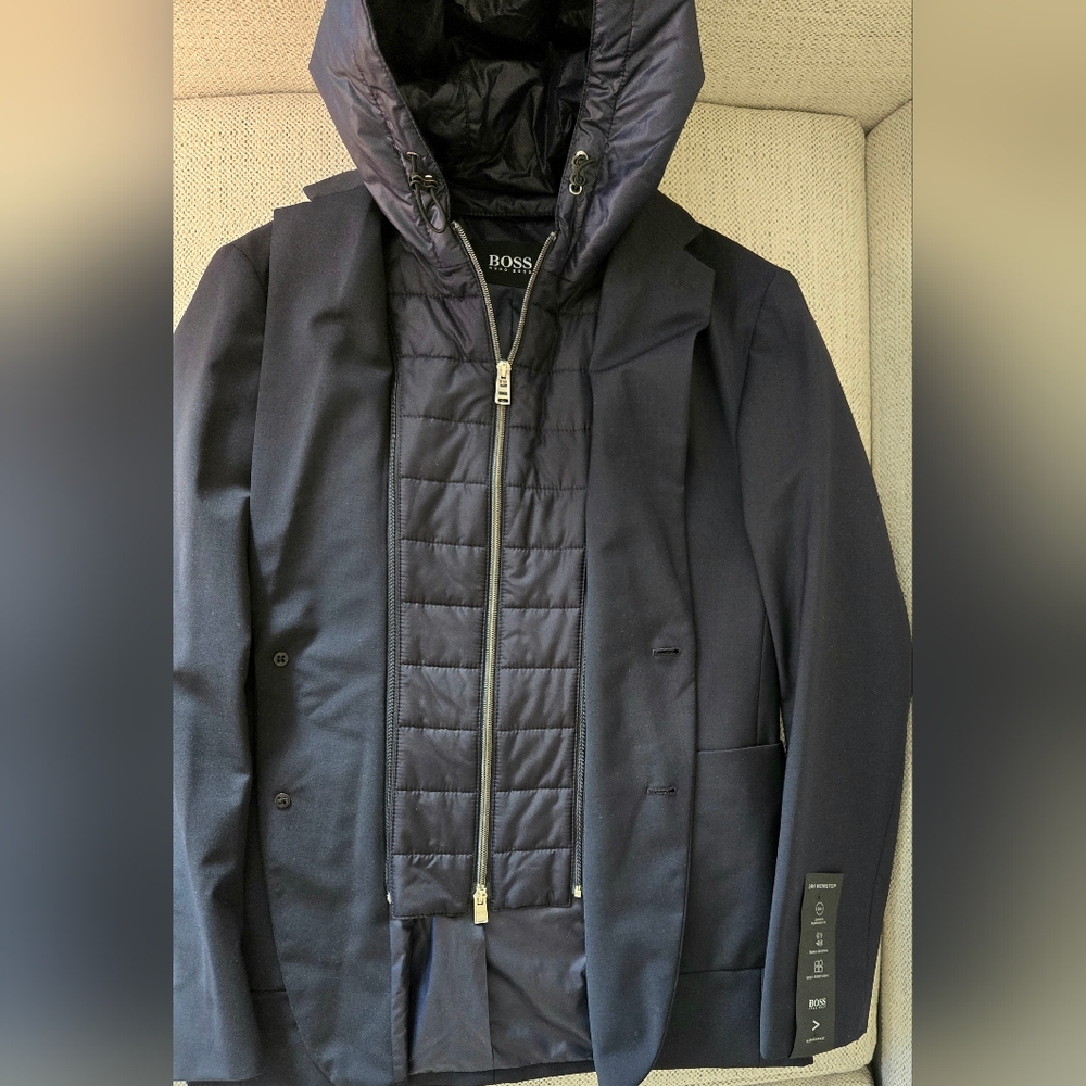 NWT BOSS HUGO BOSS PERFORMANCE Dark Blue Layered Hooded Jacket Size:40R